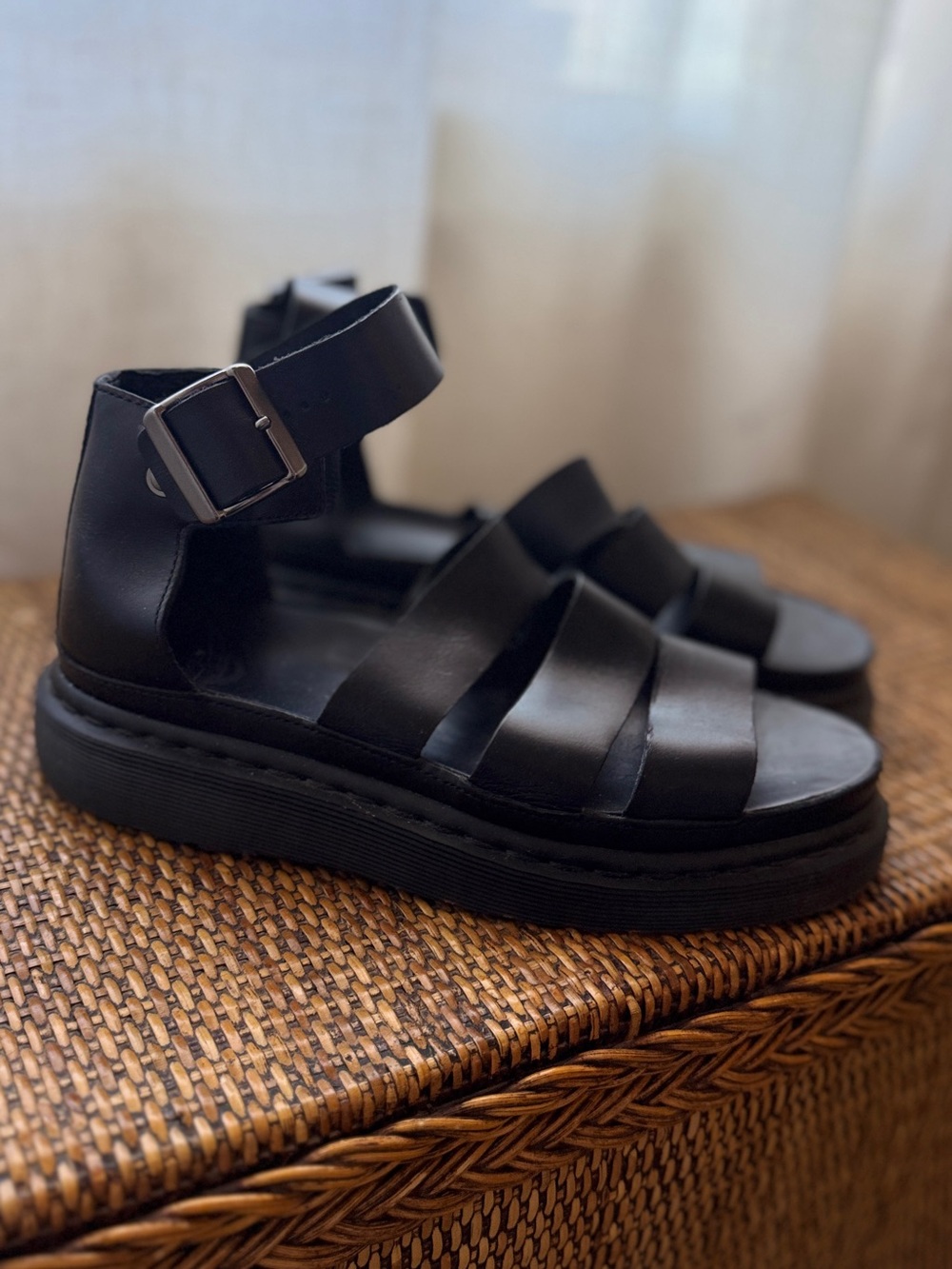 Dr. Martens Black Leather Platform Strappy Sandals with Buckle